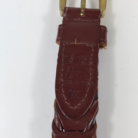 Vintage Genuine Leather Brown Woven Braided Belt Brass Buckle M L - Picture 10 of 10